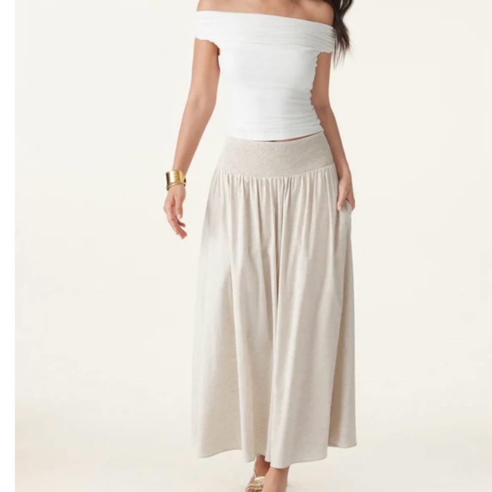 OGL European Linen Smocked Waist Skirt with Pockets